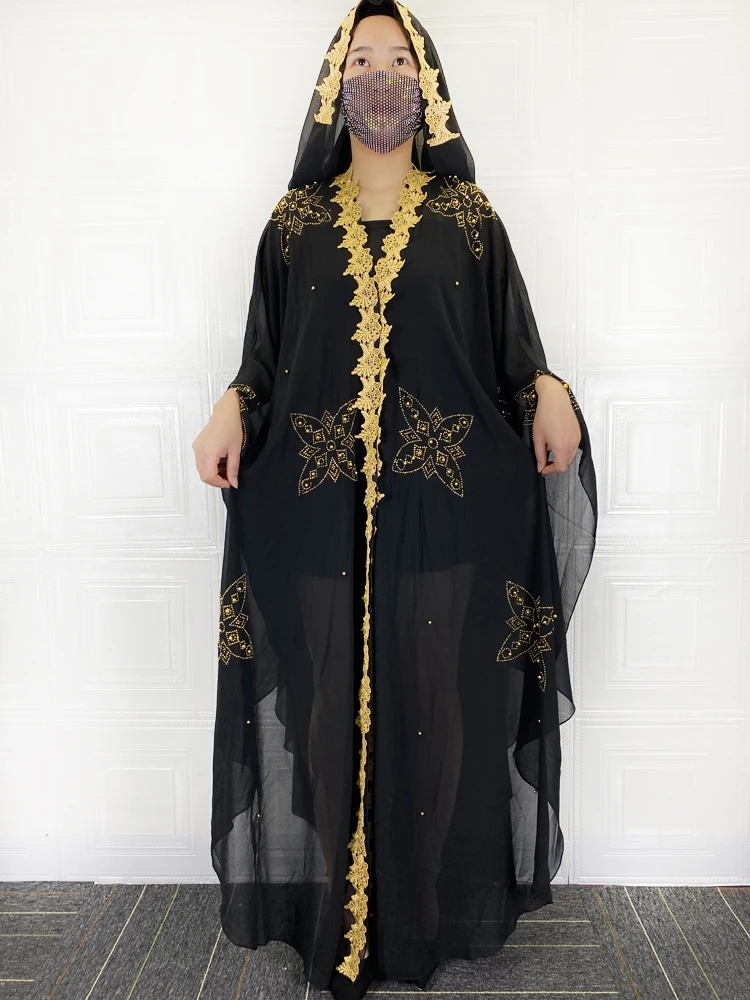 Muslim Open Black Abayas For Women Dubai 2021 Turkey Islam Diamonds Hijab Dresses Large Size Afican Evening Party Long Robe