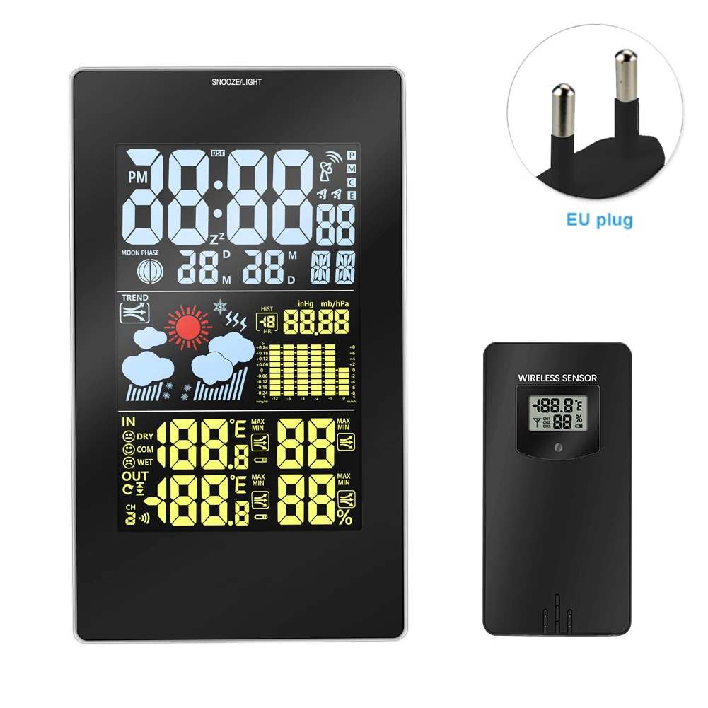 Humidity Adjustable Snooze Function Digital Temperature Date Backlight LCD Display Weather Clock Alert Forecast Wireless Sensor