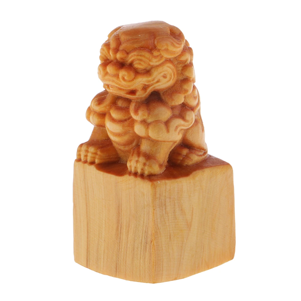 Wooden Lion Seal Statue Feng Shui Decoration For Chinese Culture Lover Fans