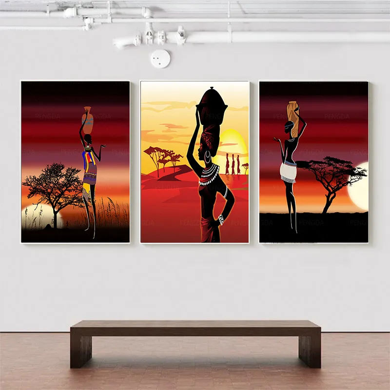 

Canvas Printing Sunrise Glowing Wall Art Poster African Women Painting Modern Abstract Home Decor Modular Picture Living Room