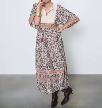 

ZA Floral Summer Dress Women 2020 Plus Size Long Wide Sleeve Tie V-neck Female Elegant Pleated Print Maxi Dresses Long Vestidos