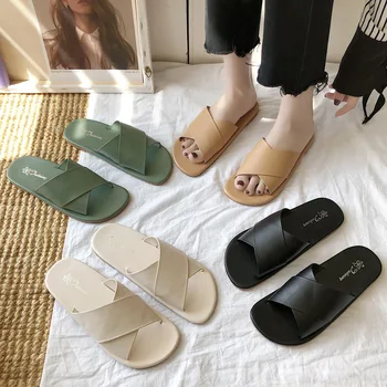

2020 Summer New Cross Sandals Female Korean Word Outer Wear Slippers Leisure Flat Non-Slip Shoes slippers Women
