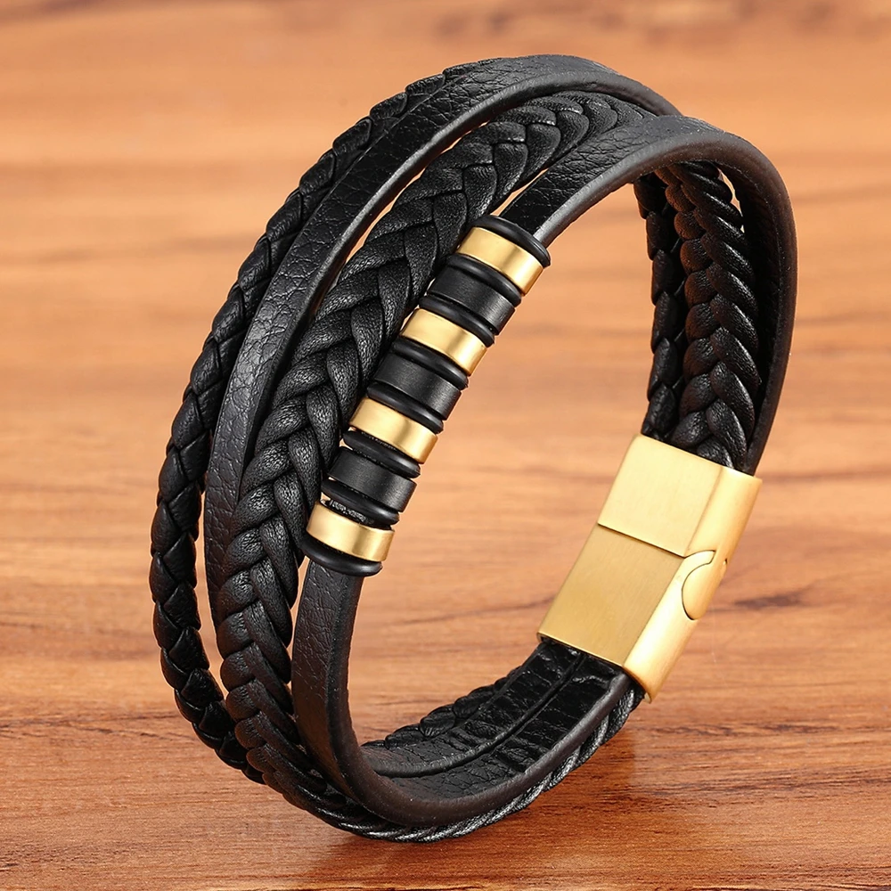 

Fashion Unisex Multi-layer Woven Leather And Stainless Steel Combination Men's Leather Bracelet Black Brown Male Jewelry Gift