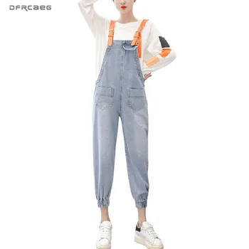 

Patchwork Women Suspender Denim Jumpsuit Ladies 2020 Spring Loose Jeans Rompers Female Casual Jeans Overall Playsuit With Pocket