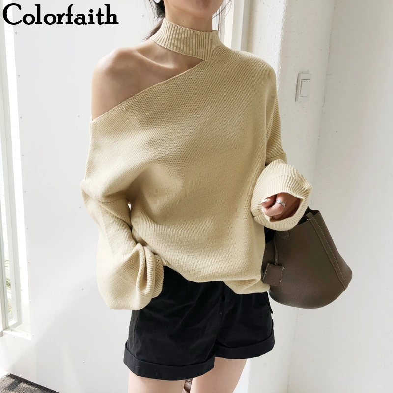 Colorfaith New Autumn Winter Women's Sweaters Casual Minimalist Tops Sexy Korean Style Knitting Off Shoulder Ladies SW7848