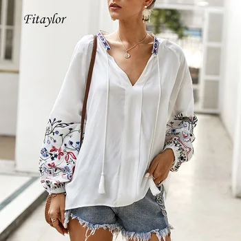 

Fitaylor New Spring Women Lantern Sleeve Blouse Sexy V Neck Floral Embroidery Tops Bohemian Tassels Lace-up Female Pullover