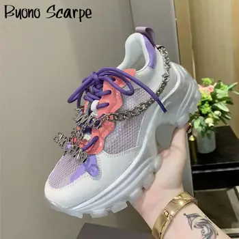 

Mesh Leather Metal Chains Women Sneakers Platform Dad Sneakers Shoes Laces Casual Sports Shoes Girls Metal Decor Flat Heel Shoes