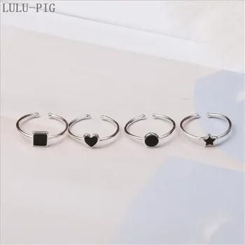 

LULU-PIG Hot New 925 Sterling Silver Black Geometric Ring Female Character Opening Glue Minimalist Star Triangle Heart Ring R71
