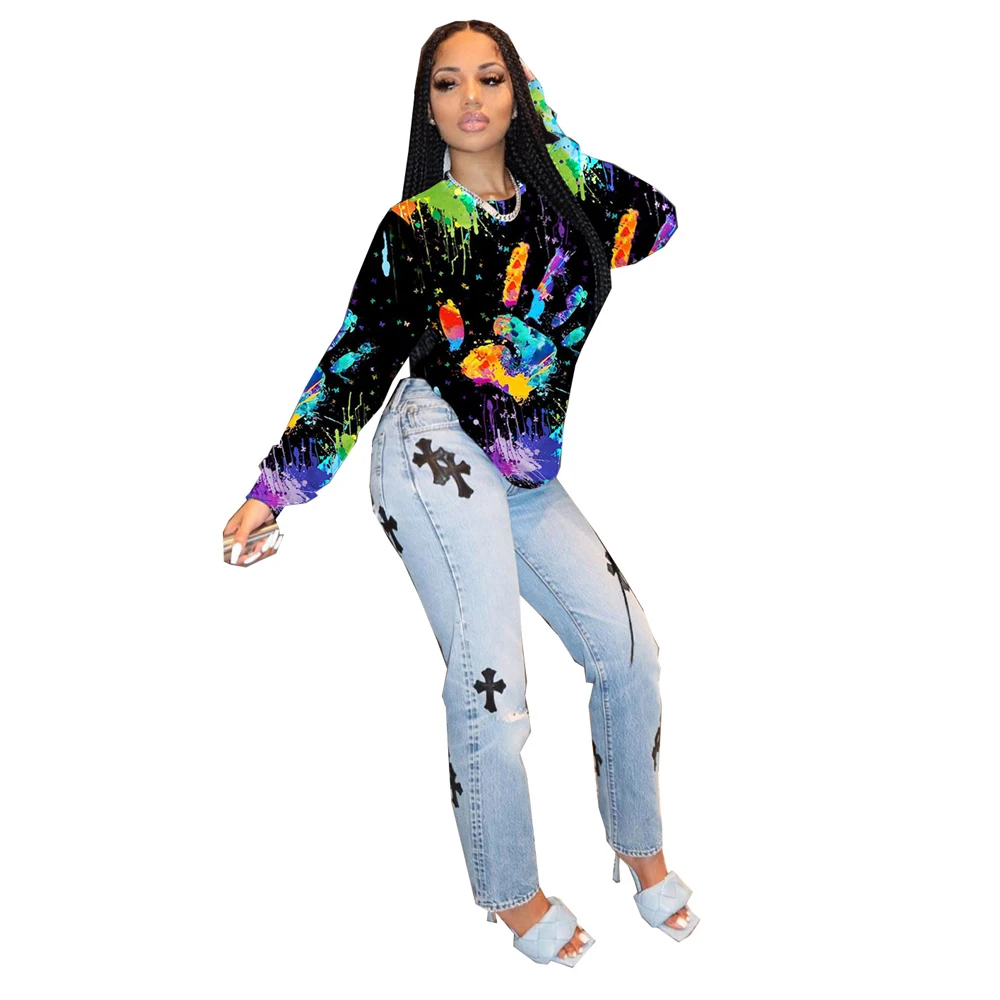 

Loose Oversized Round Neck Hoodie Fashion Personality Splash Ink Print Young Style Sweatshirt Autumn Casual Colorful Female Tops