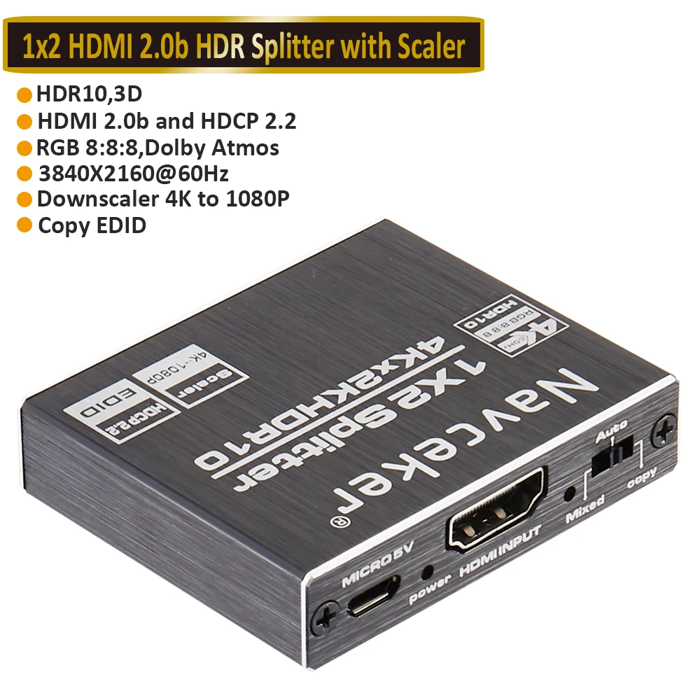 1x4 4K UHD Splitter Support HDMI 2.0b, HDCP 2.2, HDR & 3D