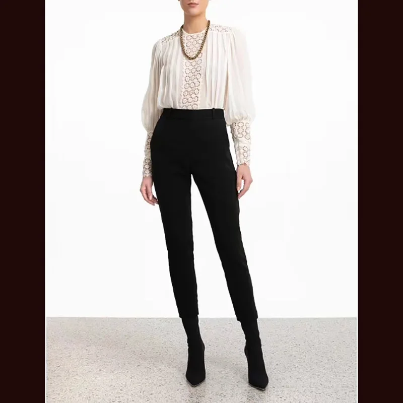Осенний стиль шелк винтажная белая кружевная вышитая плиссированная Модная рубашка с круглым вырезом и длинными рукавами
