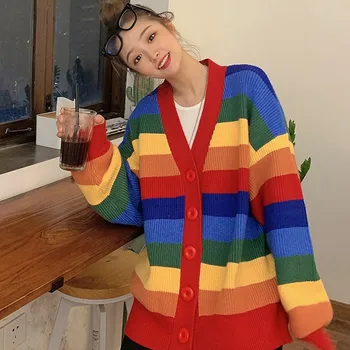 

Women Elegant Winter Sweater Round Collar Loose Rainbow Stripes Print Cardigan Long-sleeved Coat W4