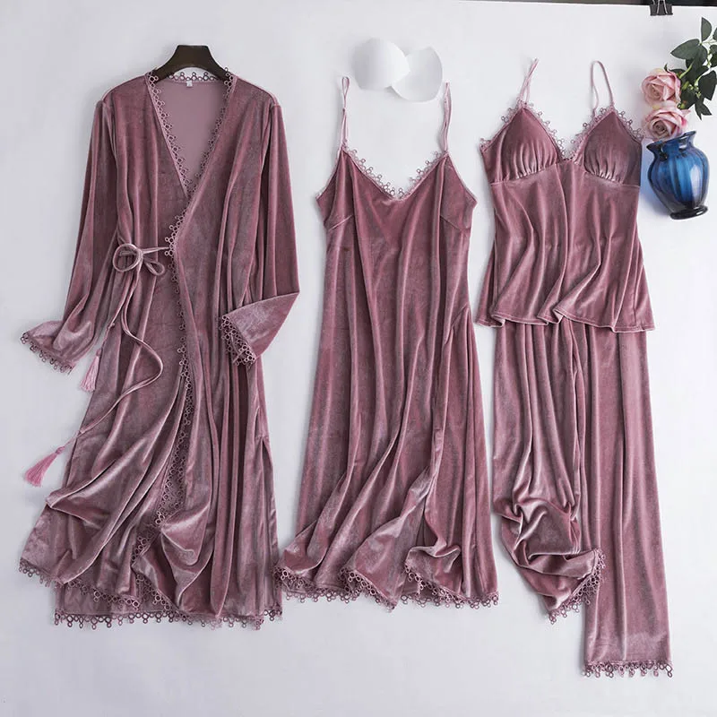 Winter Women Pajamas Set 4 Pieces Pajamas Set Gold Velvet Warm Home Clothes Sleepwear Female Thickening Long Sleeve Pyjamas Suit