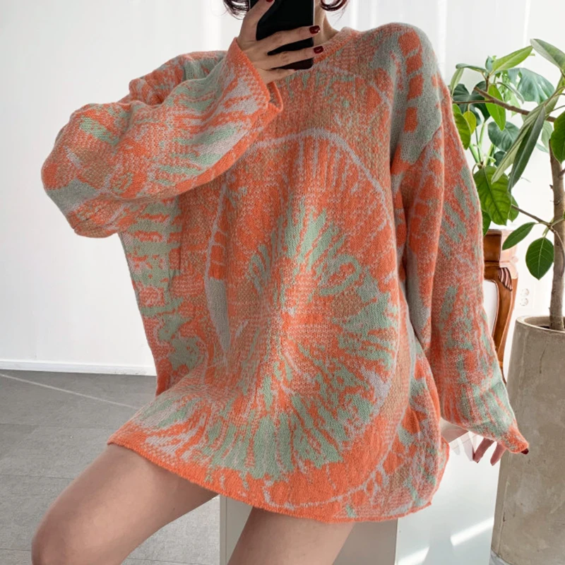

ZCSNMLL Printing Pullover for Woman Vintage Fashion Round Neck Loose Casual Versatile Mid-length Knitted Sweater 2020 Winter