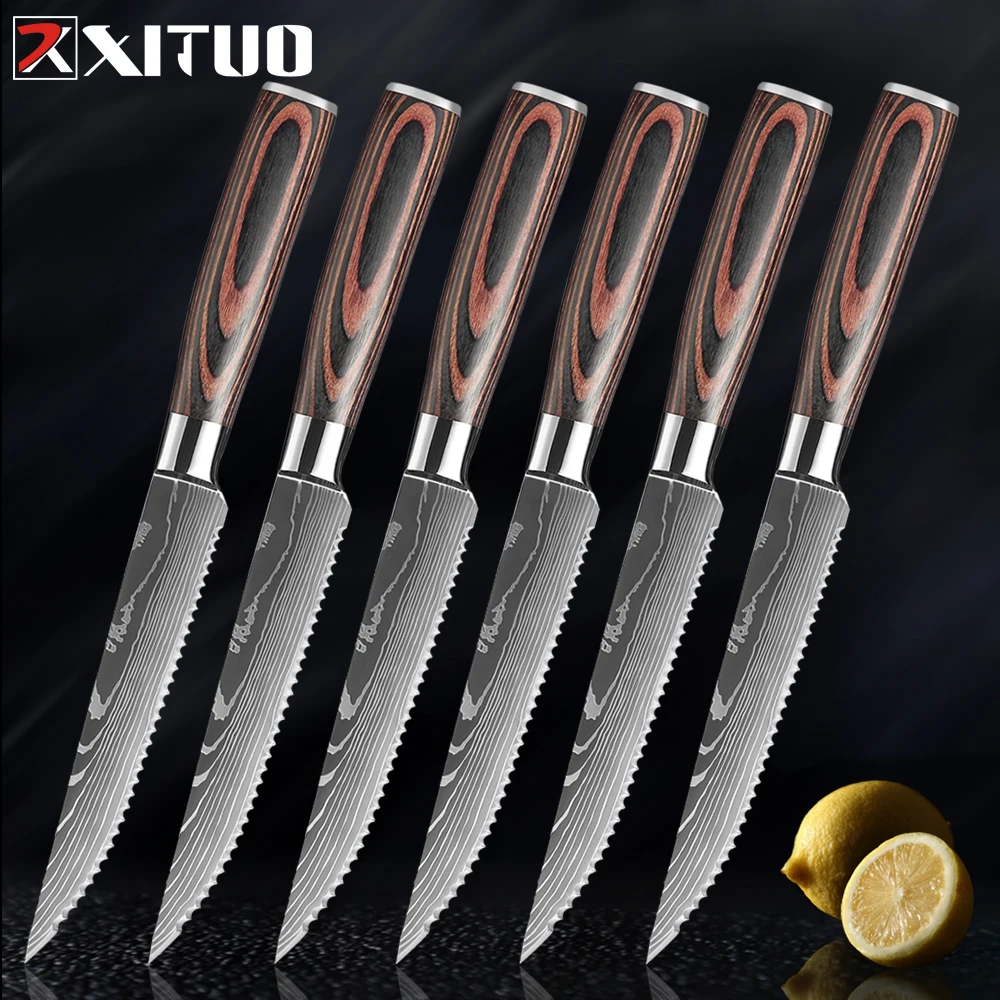 Xituo-多目的ステンレス鋼ステーキナイフセット,ダマスカスパターン,鋸歯状,肉切り,レストランのテーブルナイフ - AliExpress