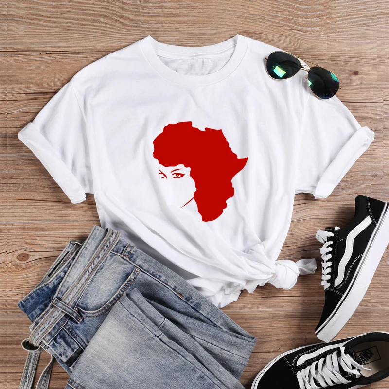 White-Red ONSEME Afro Lady Graphic T футболки для феминисток футболки смешные Африка Карта шаблон печати Футболка меланин футболки женские уличная топы - Цвет: White-Red