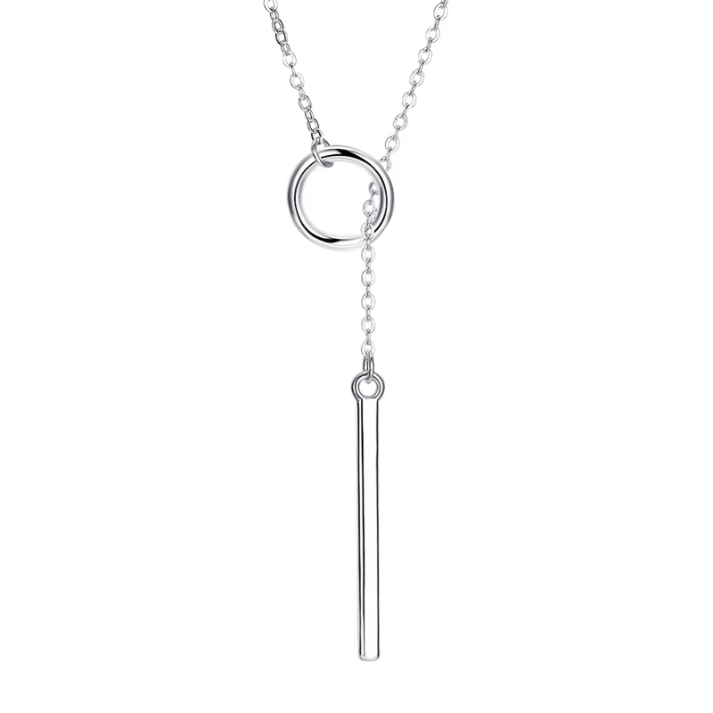 Trendy 925 Sterling Silver Circle AAA Zirconia Long Chain Necklace Shiny Stick Pendants Necklace For Girl Gift Fine Jewelry pendant necklace silver necklace