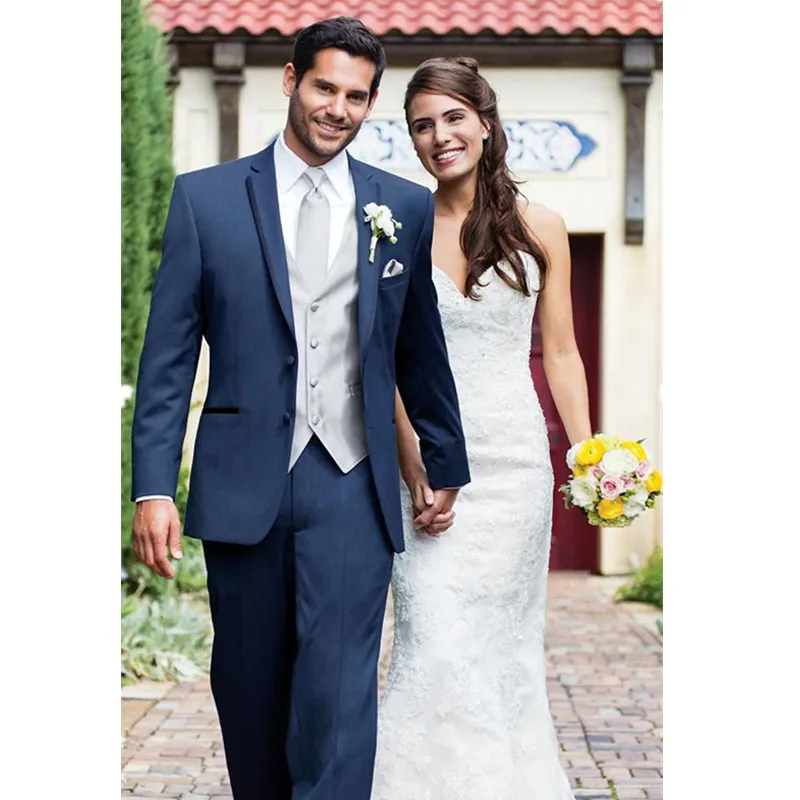 

Fashion classic men's suit blue suit collar single-breasted men's ball gown and groom dress (coat + pants + vest) custom