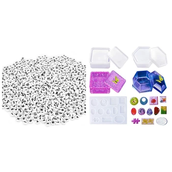 

800Pcs White Round Alphabet Letters Spacer Beads 7X4Mm & 1 Set Silicone Molds, Jewelry Pendant Casting Molds Uv Resin