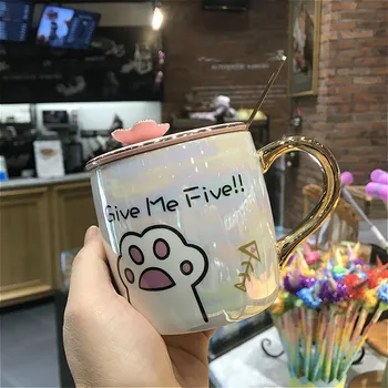 

Cartoon Cat Paw Ceramic Mug With Lid and Spoon Home Office Drinkware Creative Breakfast Cup Drinking Coffee Tea Water Milk Mugs