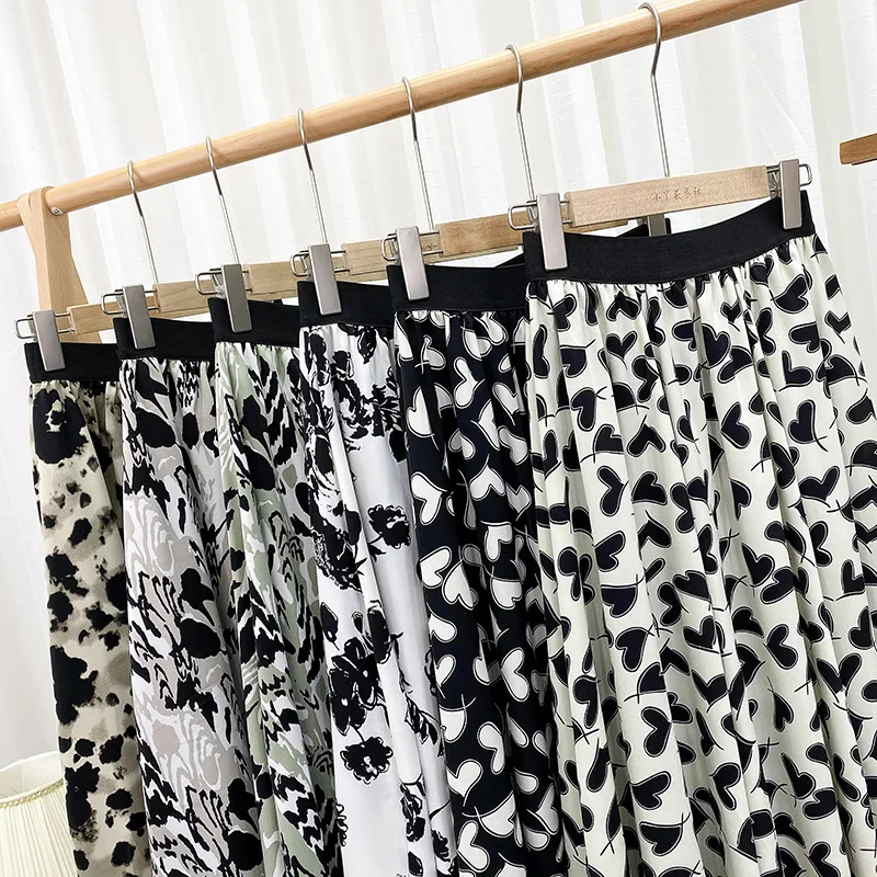 Cotton Summer Mid-calf Skirt Women Heart A Line Stylish Skirt Sweet Elastic Waist Loose Love Print Skirt Elegant Umbrella Skirts maxi skirts for women