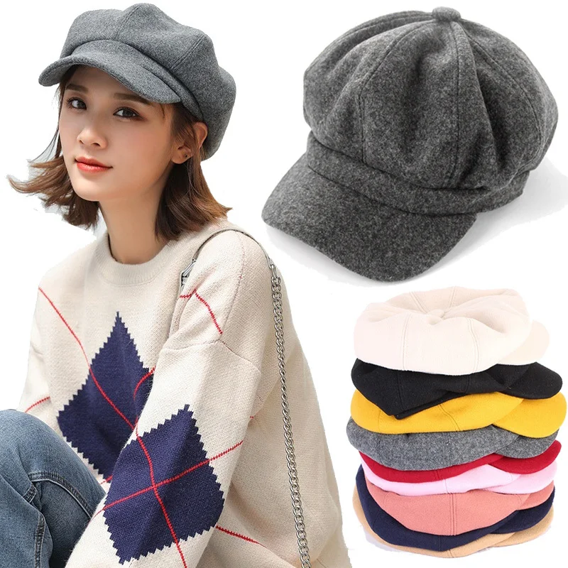 

Casual Girls Beret Hats Solid Color Wool Blended Octagonal Newsboy Caps Cool Street Brim Hat Women Wool Berets Outdoor Street