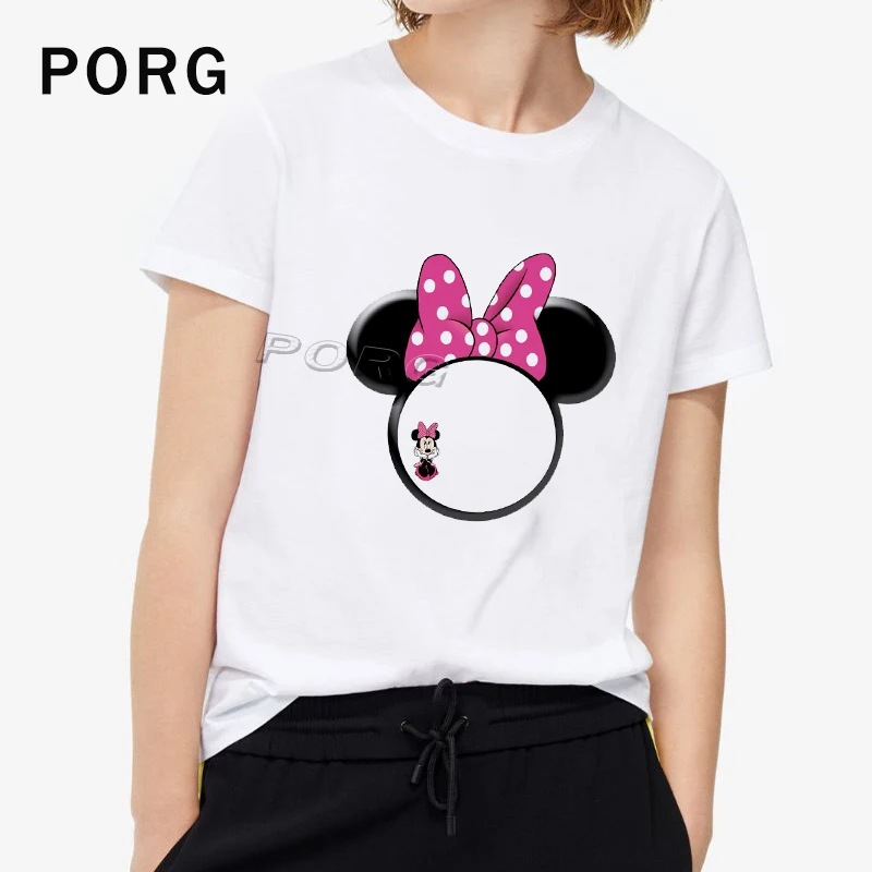

Minnie PORG Ear White Tshirt Print Short Sleeve Kawaii Funny Top Women T-shirt O-Neck 2019 Harajuku Gothic Funny Tees Cartoon