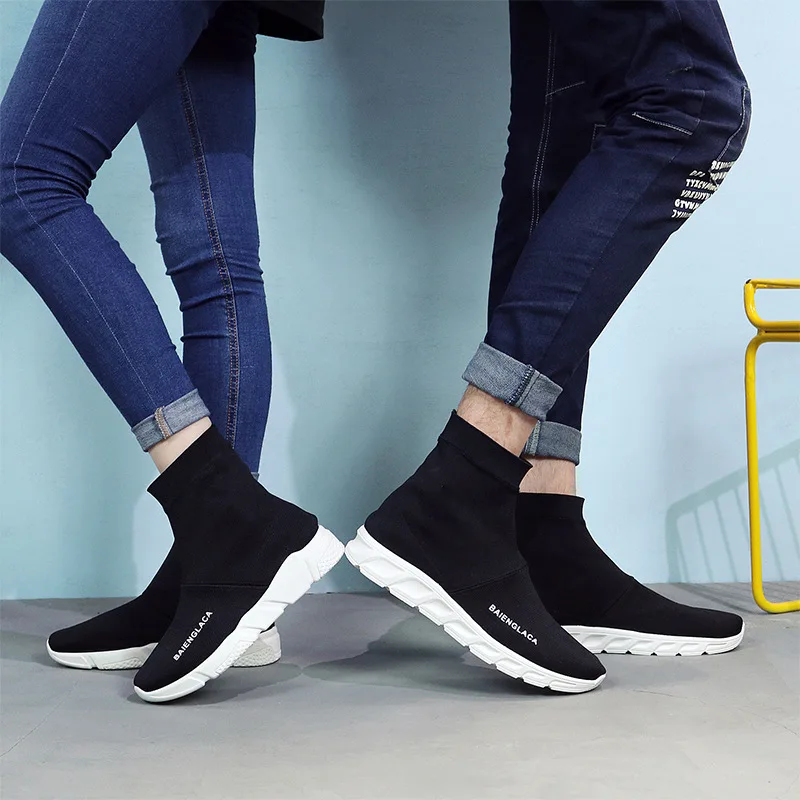 

2019 Men Loafers Students Hight-top Elasticity wa zi xie Thick Bottomed Knit Couples Breathable Sports Footwear