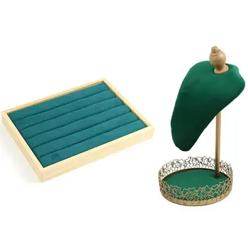 

Solid Bamboo Wood Jewelry Display Tray Earrings & Portrait Neck Jewelry Display Stand Metal Flannel Necklace Earring