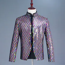 Men's Fashion Sequin Costumes Suit Jacket Stand Collar Nightclub Costumes Tops Blazers Single button For Men Stylish Suit 9.21