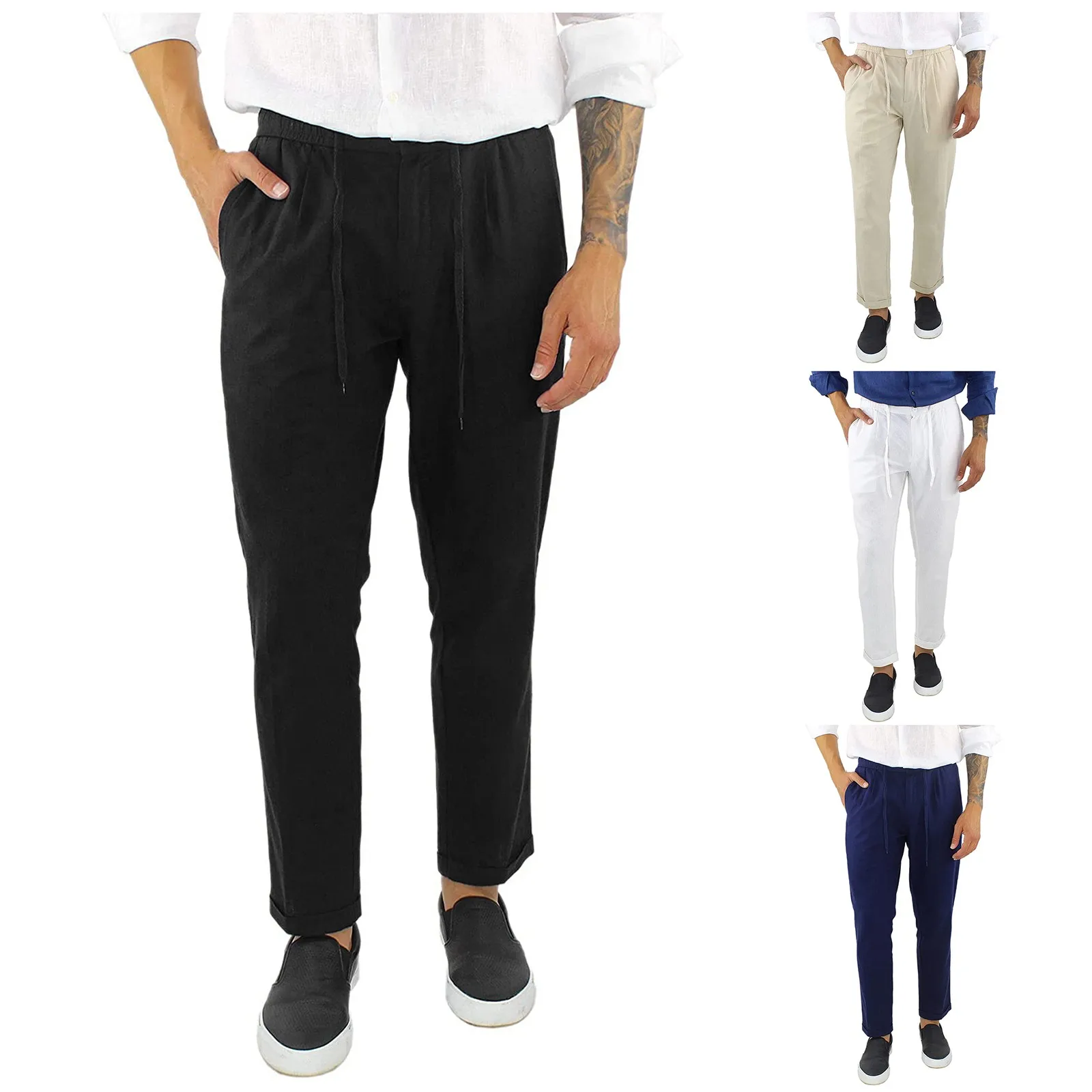 Men's Solid Color Cotton Linen Pants Casual Cuffed Hem Lace-up Cotton And Linen Trousers Sweatpants Simple And Elegant Trouser 1