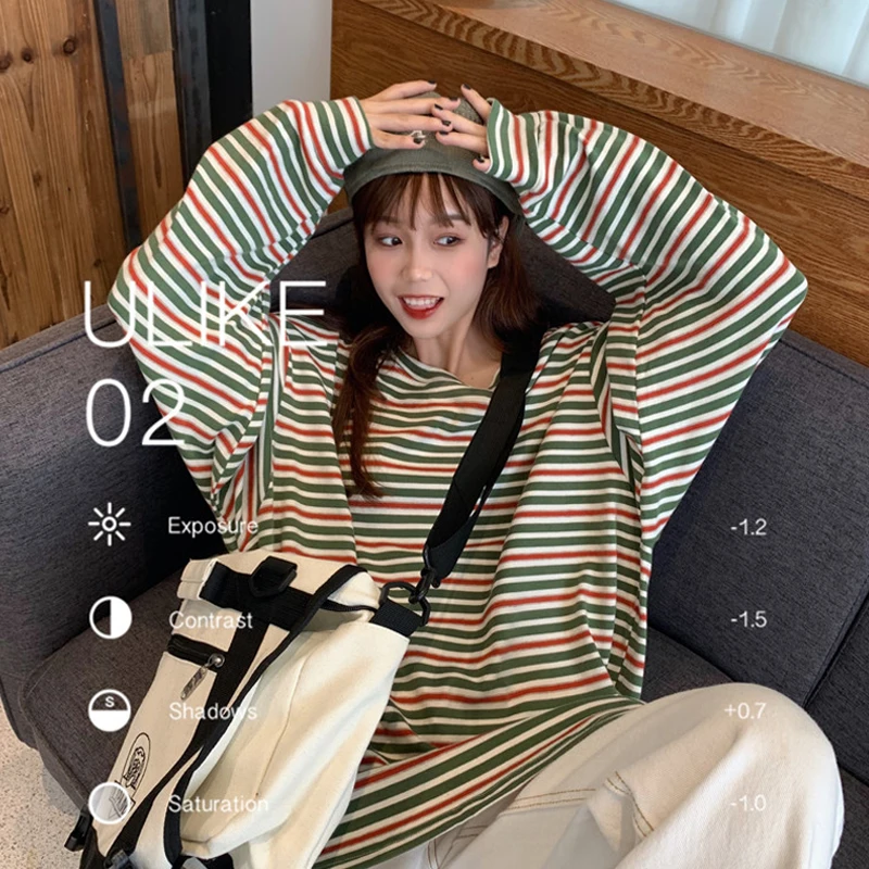 Cena 2019 jesienne ubrania kobieta T shirt koreański styl Ulzzang Harajuku paski koszulki z długim rękawem dla kobiet na co dzień koszulka z dekoltem w topy