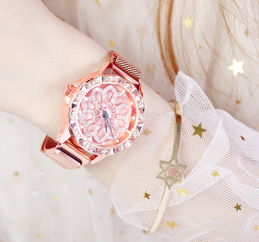 

RGTOPONE Fashion Ladies Watch Rose Gold Women Diamond Lucky Flower Quartz watches Turn Around Clock For Female Beautiful Gift