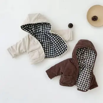 

Winter Baby Boys And Girls Coat Fashion Plaid Thickened Warm Cotton Corduroy Coat Kids Double-sided Casual Hooded Jacket