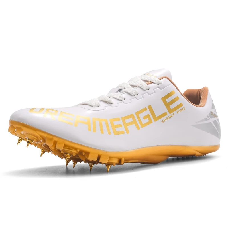 Мужская спортивная и полевая обувь профессиональные кроссовки для бега для мальчиков Золотые желтые шипы кроссовки для мужчин легкие кроссовки для бега - Цвет: White Gold
