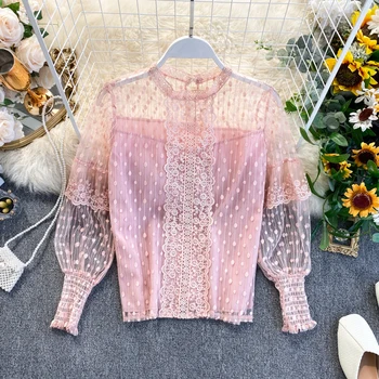 

Women's Wear 2020 New Chic Sweet Dot Mesh Long Sleeve Splicing Lace Shirt Lady Elegant Blouse Tops Blusas Mujer De Moda K821