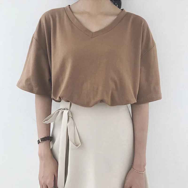 

Summer T-Shirt Women 2021 Casual V-Neck White Loose Short-Sleeve Mid-Length Female Tops Streetwear Harajuku Silk Ladies Clothing