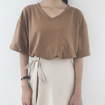 

Summer T-Shirt Women 2020 Casual V-Neck White Loose Short-Sleeve Mid-Length Female Tops Streetwear Harajuku Silk Ladies Clothing