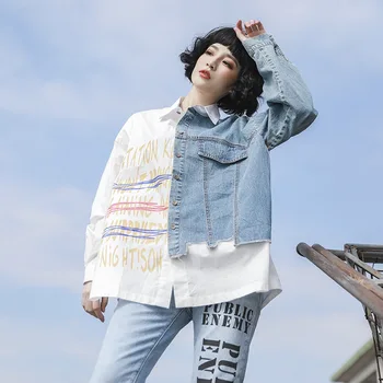 

LANMREM can ship 2020 spring new Long Sleeve Printing Shirt for Woman hip hop All-match denim Split Joint Hit Color Tops YJ001