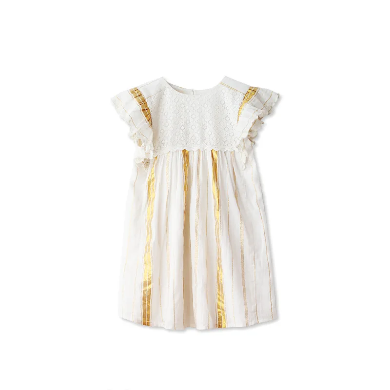 

2020 Summer Girls Dress With Lace Gold Silk Princess Dresses For Children Clothing Fly Sleeve Kids Cotton Dress