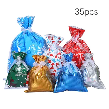 

35PCS Christmas Gift Bags Party Wedding Children Goodie Bags Holiday Treats Gift Packaging Bag With Ribbons Xmas Candy Gift Bag