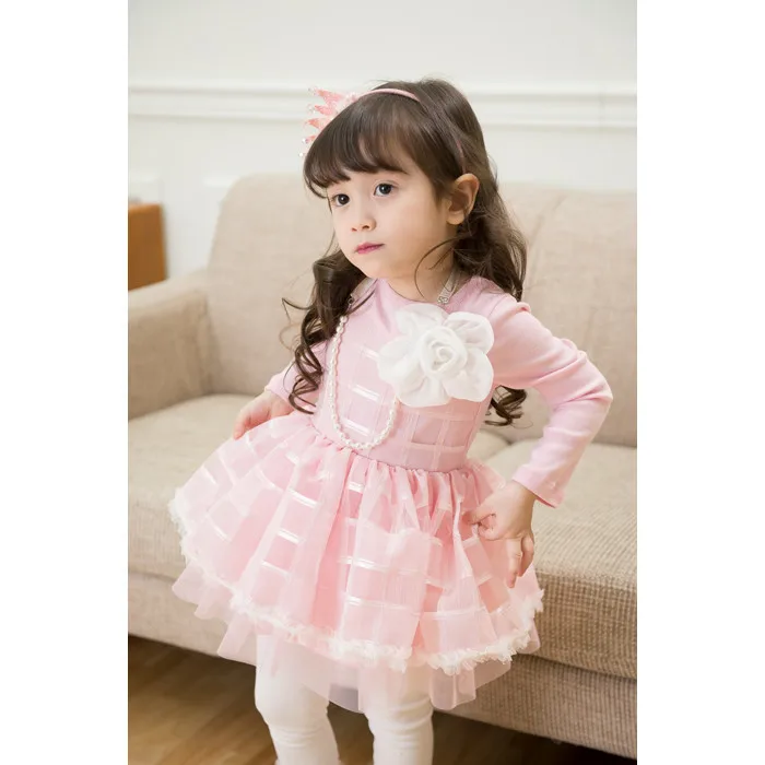 

Spring And Autumn Children Shirt South Korea Children Shirt Girls Long Sleeve Organza Lace Tutu Necklace Flower Princess Dress