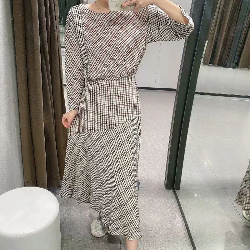 Za Summer Plaid Midi Dress Women O-neck Draped Dresses Long Sleeve Gathered Waist Lady Fashion Office Dress Back Buttons and Zip