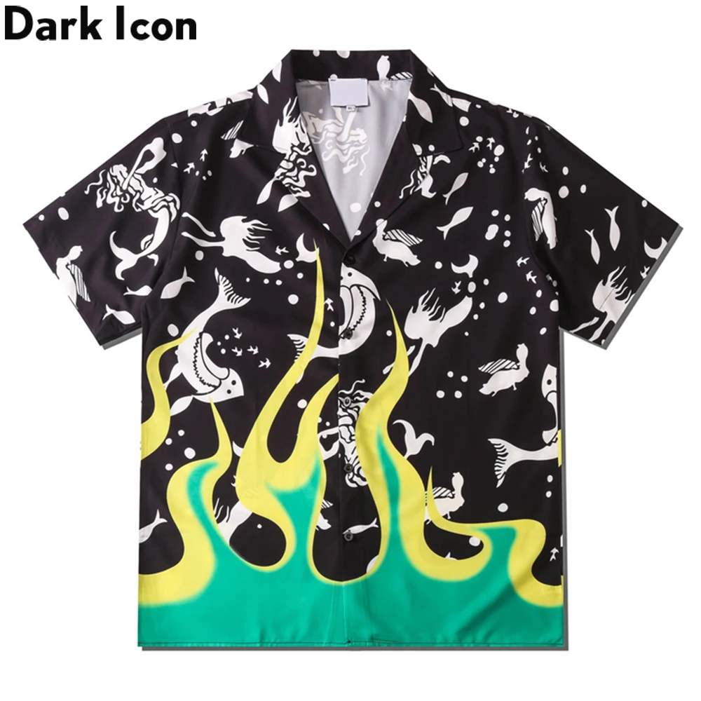

Dark Icon 2021 Summer Green Yellow Flame Fish Polo Shirt Men Vintage Street Men's Hawaiian Shirt Man Clothing