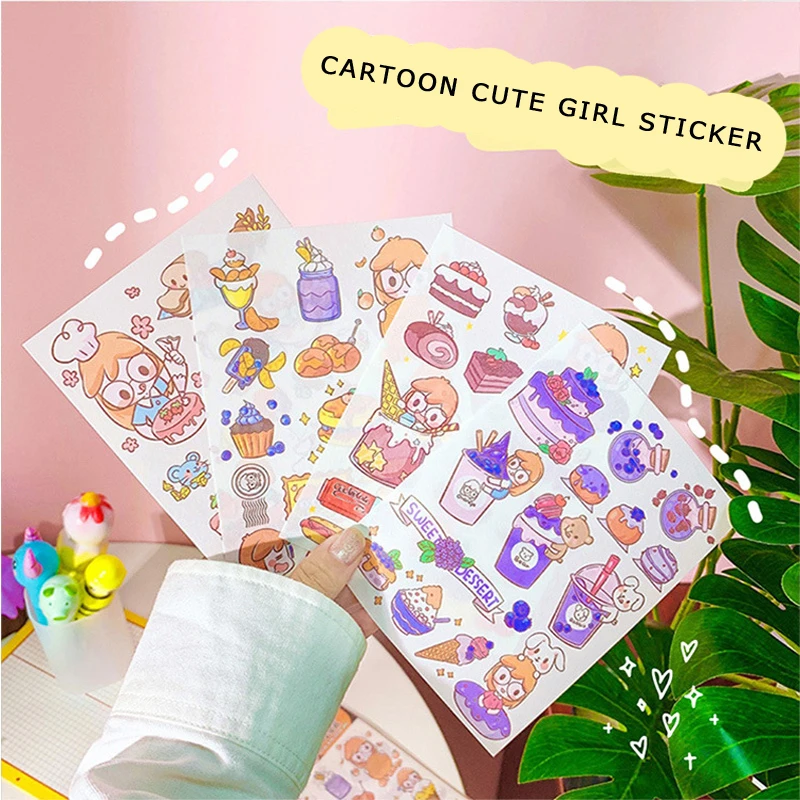 

4sheets Cartoon Girl Cute Stickers Bag Labels Sealing Post It Hand Account Mobile Phone Water Cup Decorative Sticker Stationery