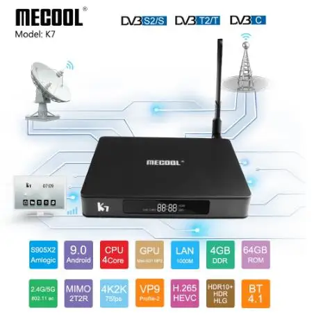 MECOOL ТВ приставка K7 Andriod9.0 коробка DVB-S2 DVB-T2/T DVB-C 4 Гб DDR4+ 64 ГБ Amlogic S905X2 Bluetooth 4,1 2,4/5G wifi Набор TOPBOX