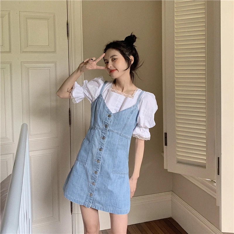 Summer Korean Sweety Girly Fashion Two Piece Set Cute Lace Puff Sleeve White Shirt Loose Denim Suspenders Dresses Casual Suit