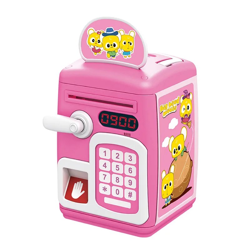 Детские игрушки для игры за деньги, индукция отпечатка пальца, Открытый запираемый банк, моделирование, безопасный Банкомат игрушка-копилка игровой домик для девочек, игры - Цвет: Розовый