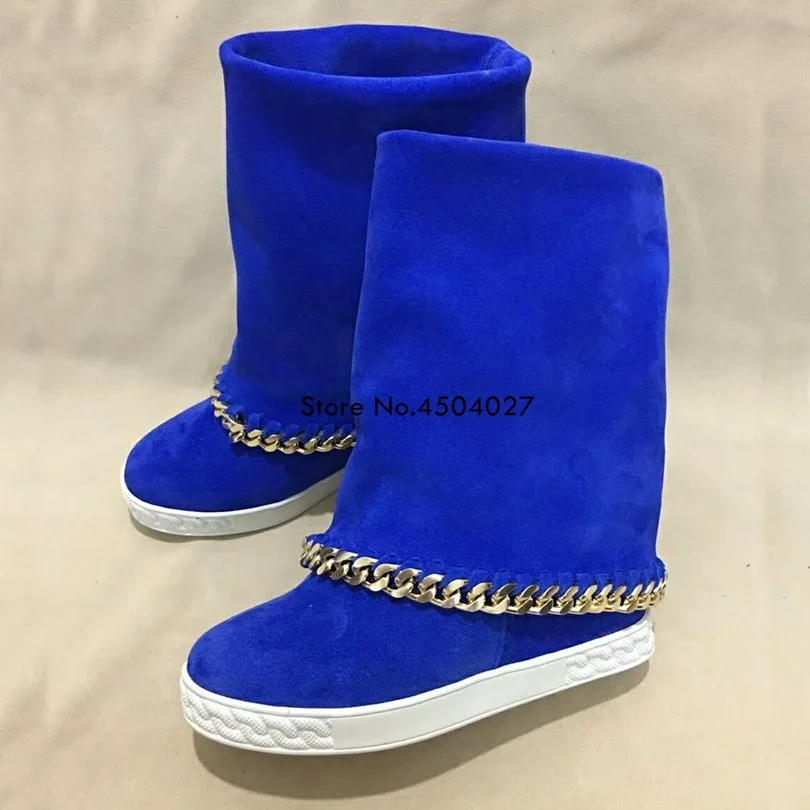 

New Women Fashion Boots Autumn Blue Black Gray Shoes with Slip-on Mid-Calf Hidden Heels Chain Boots Mujer Shoes