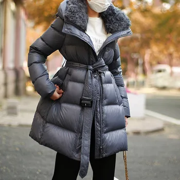 

High Quality Winter New Cotton Women Coats Big Fur Collar Solid Slim Hooded Office Lady Elegant Outwear Tops